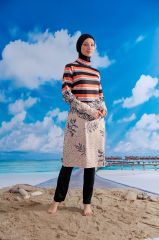 Leopar Ve Çizgi Desenli Tesettür Mayo - Siyah