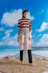 Leopar Ve Çizgi Desenli Tesettür Mayo - Siyah