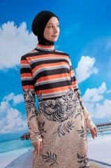 Leopar Ve Çizgi Desenli Tesettür Mayo - Siyah