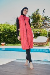 Kolları Likralı Soyut Desenli Tesettür Mayo - Siyah  Oranj - Mayou M