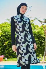 Kolları Likralı Geometrik Desenli Tesettür Mayo - Siyah Yeşil - Mayou