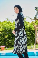 Kolları Likralı Geometrik Desenli Tesettür Mayo - Siyah Yeşil - Mayou