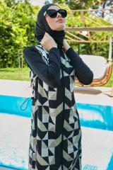 Kolları Likralı Geometrik Desenli Tesettür Mayo - Siyah Yeşil - Mayou