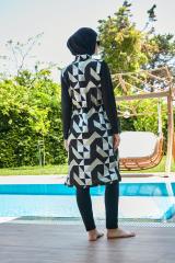 Kolları Likralı Geometrik Desenli Tesettür Mayo - Siyah Yeşil - Mayou