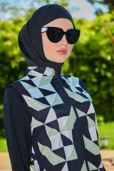 Kolları Likralı Geometrik Desenli Tesettür Mayo - Siyah Yeşil - Mayou M