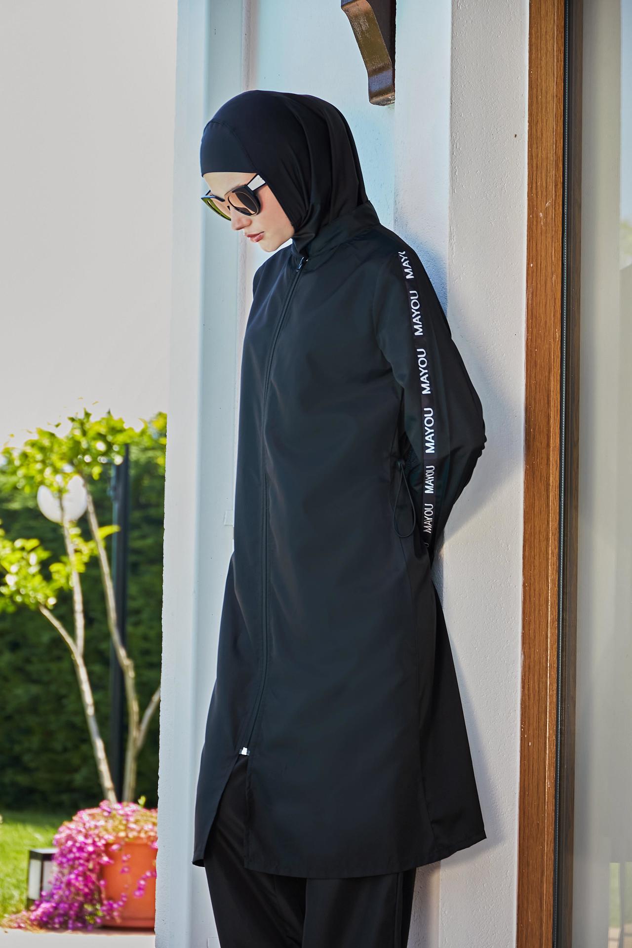 Kolları Şeritli Tesettür Mayo - Siyah Beyaz - Mayou