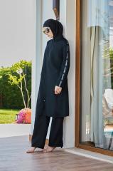 Kolları Şeritli Tesettür Mayo - Siyah Beyaz - Mayou