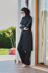 Kolları Şeritli Tesettür Mayo - Siyah Beyaz - Mayou