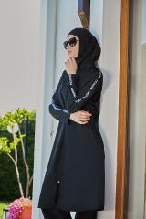 Kolları Şeritli Tesettür Mayo - Siyah Beyaz - Mayou