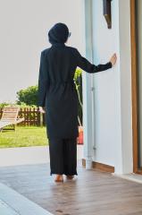 Kolları Şeritli Tesettür Mayo - Siyah Beyaz - Mayou