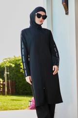 Kolları Şeritli Tesettür Mayo - Siyah Beyaz - Mayou