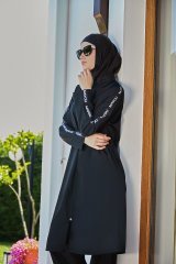 Kolları Şeritli Tesettür Mayo - Siyah Beyaz - Mayou L