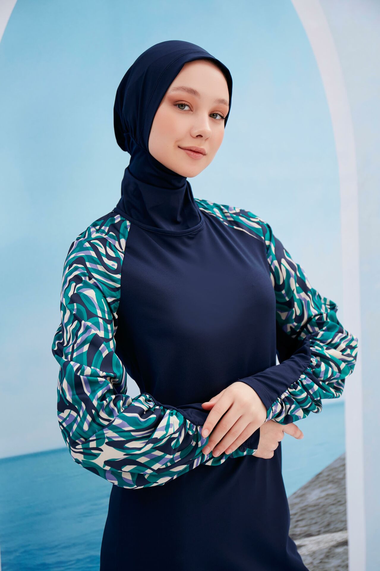 Kolları Desenli Tasarım Tesettür Mayo