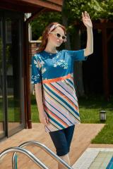 Çiçekli Çizgi Desen Yarım Kapalı Mayo- Karışık Renkli - Mayou