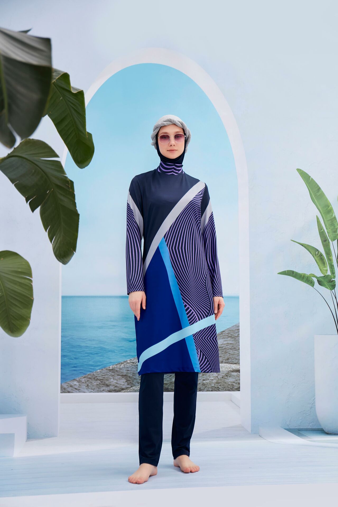 Modern Çizgili Tesettür Mayo - Lacivert