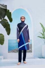 Modern Çizgili Tesettür Mayo - Lacivert