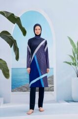 Modern Çizgili Tesettür Mayo - Lacivert