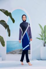 Modern Çizgili Tesettür Mayo - Lacivert