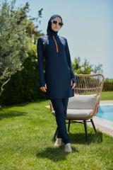 Kolları Parmak Geçmeli Renkli Fermuarlı Spor Tesettür Mayo- Lacivert - Mayou