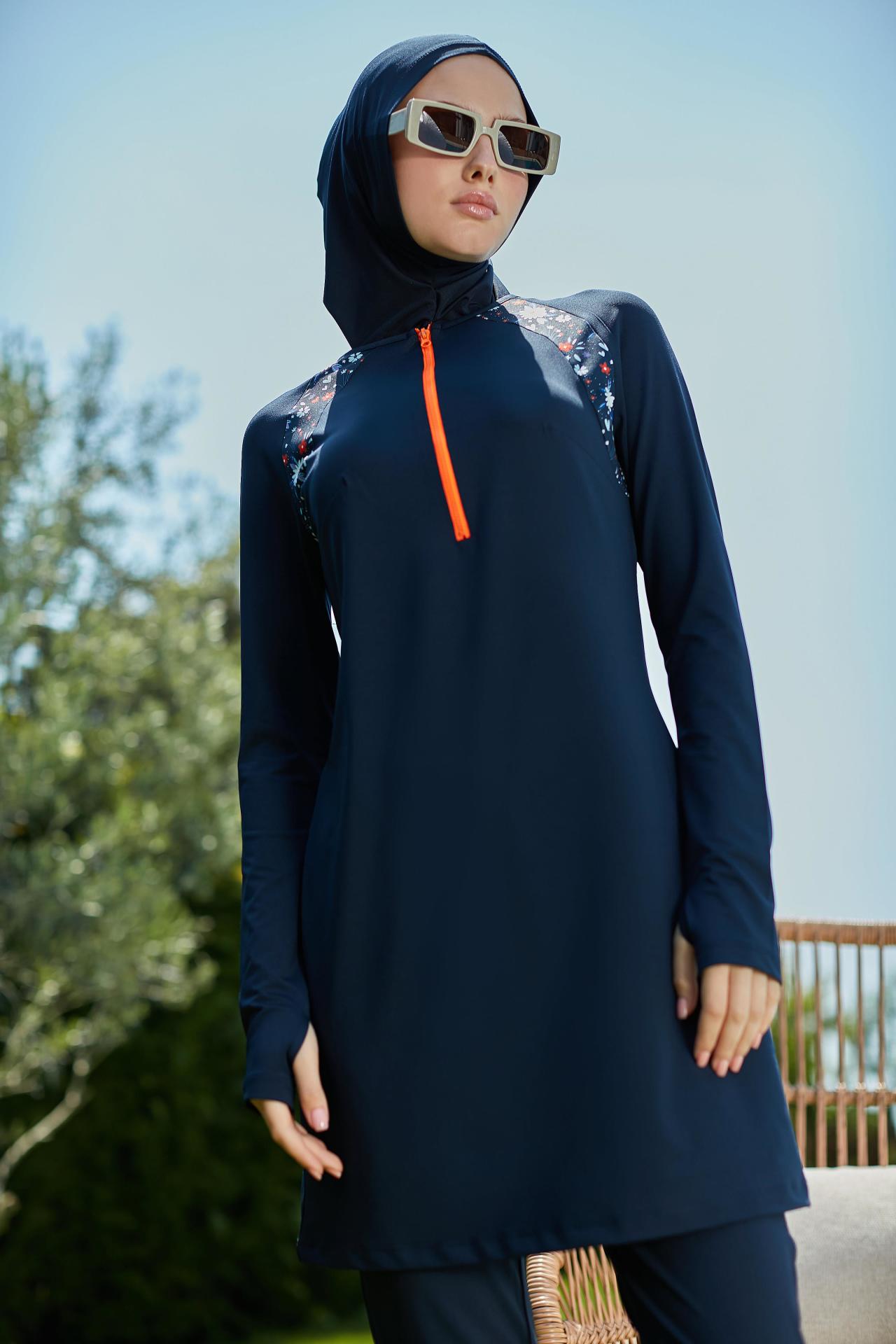 Kolları Parmak Geçmeli Renkli Fermuarlı Spor Tesettür Mayo- Lacivert - Mayou