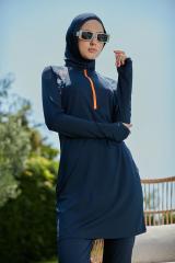 Kolları Parmak Geçmeli Renkli Fermuarlı Spor Tesettür Mayo- Lacivert - Mayou