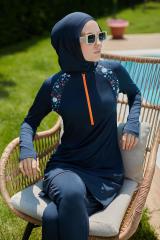 Kolları Parmak Geçmeli Renkli Fermuarlı Spor Tesettür Mayo- Lacivert - Mayou