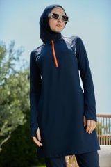 Kolları Parmak Geçmeli Renkli Fermuarlı Spor Tesettür Mayo- Lacivert - Mayou M