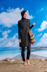 Omuzları Fırfırlı Tesettür Mayo - Siyah