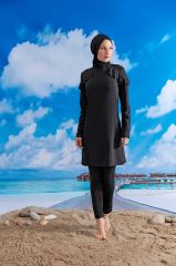 Omuzları Fırfırlı Tesettür Mayo - Siyah