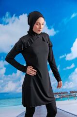 Omuzları Fırfırlı Tesettür Mayo - Siyah