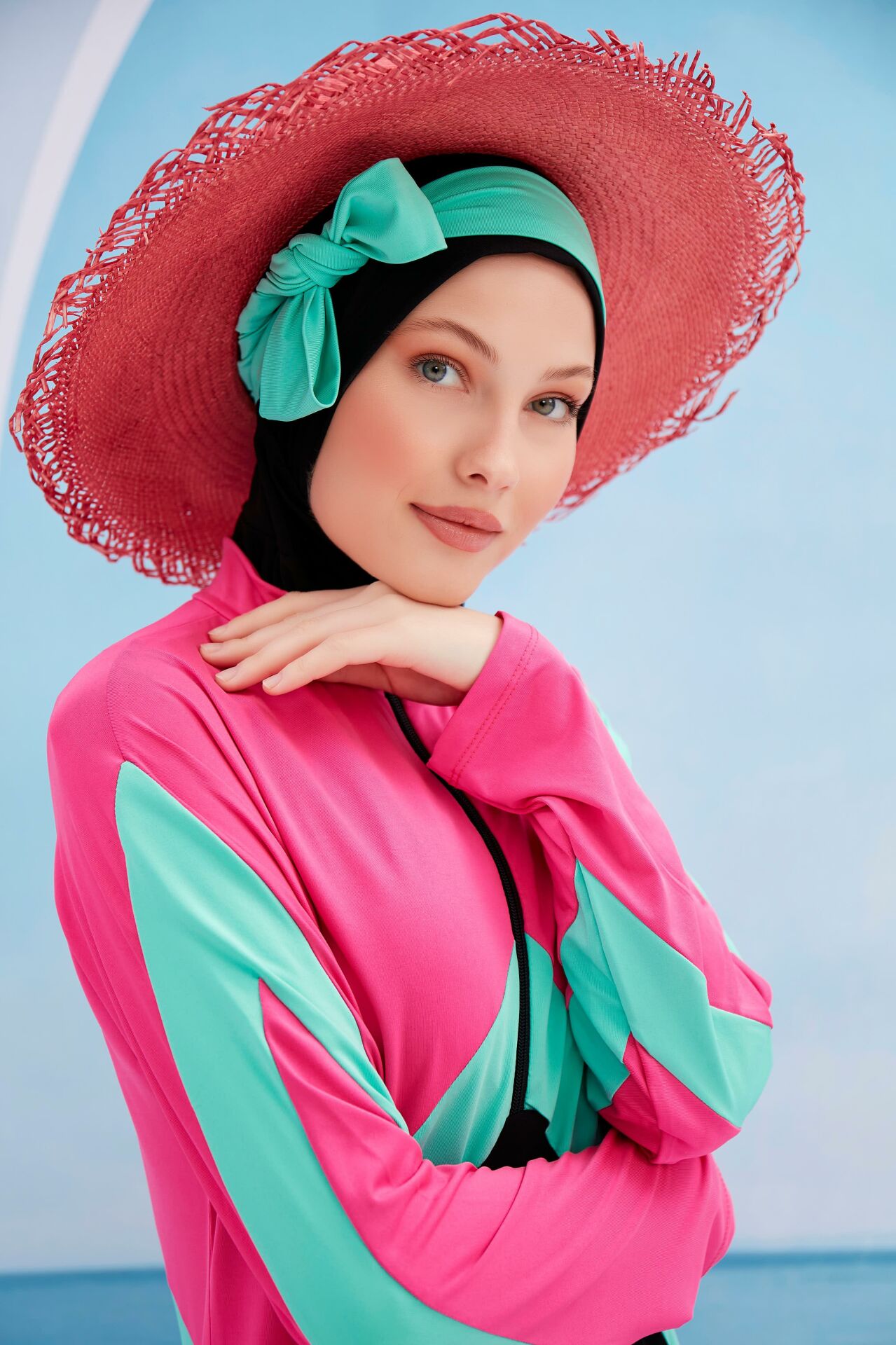 Spor Renkli Tesettür Mayo - Fuşya/Siyah