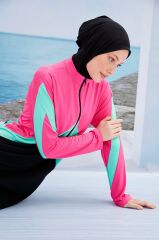 Spor Renkli Tesettür Mayo - Fuşya/Siyah