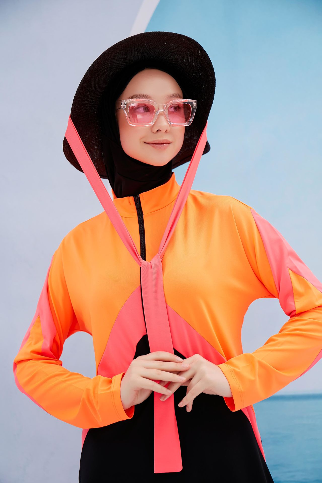 Spor Renkli Tesettür Mayo - Turuncu/Siyah