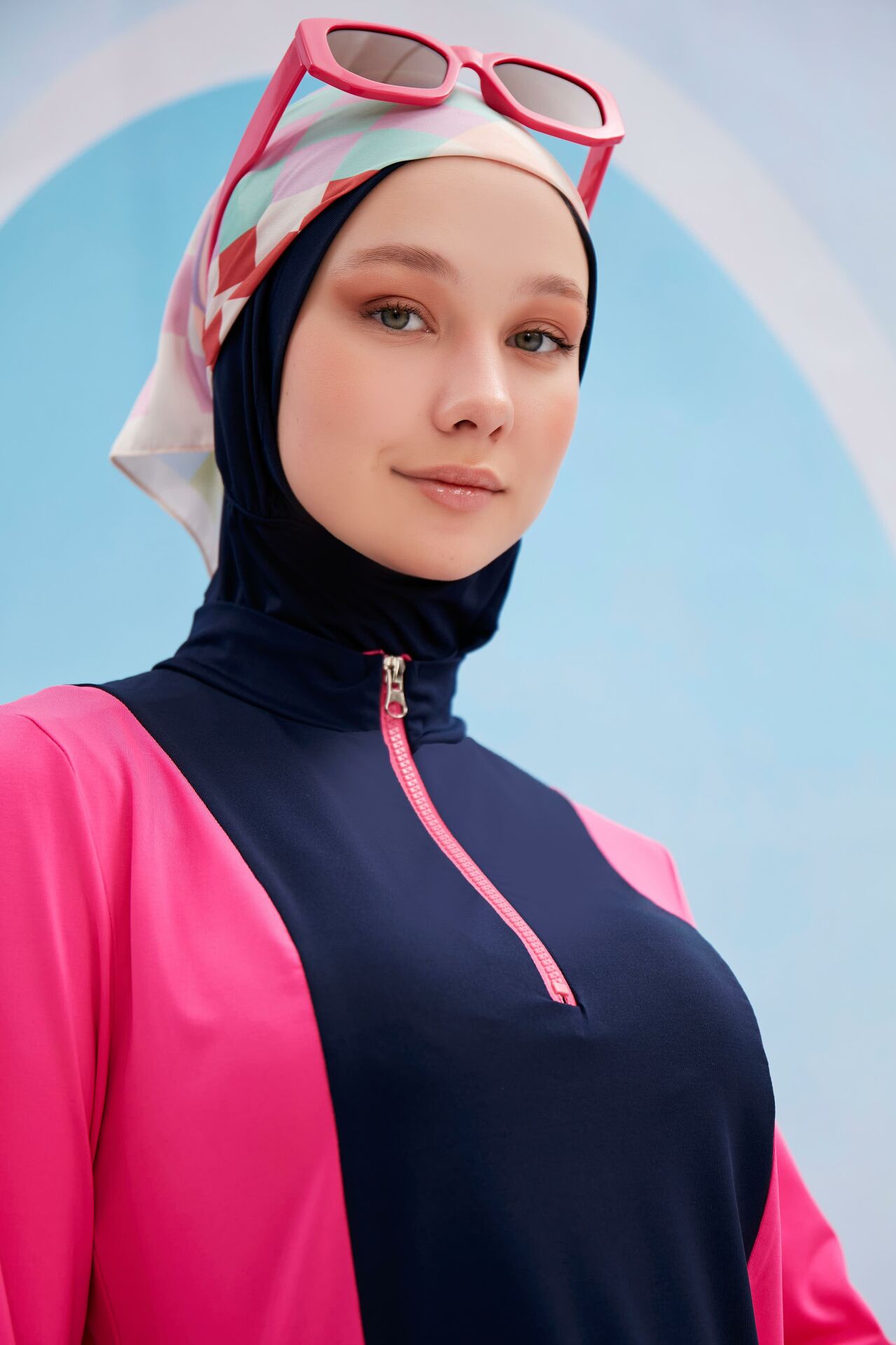 Garnili Tesettür Mayo - Fuşya/Lacivert