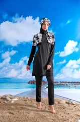 Crop Görünümlü Tesettür Mayo - Siyah/Beyaz