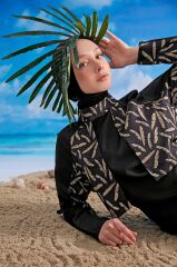 Yeşil Yapraklı Tesettür Mayo - Siyah/Yeşil