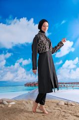 Yeşil Yapraklı Tesettür Mayo - Siyah/Yeşil