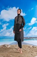 Yeşil Yapraklı Tesettür Mayo - Siyah/Yeşil