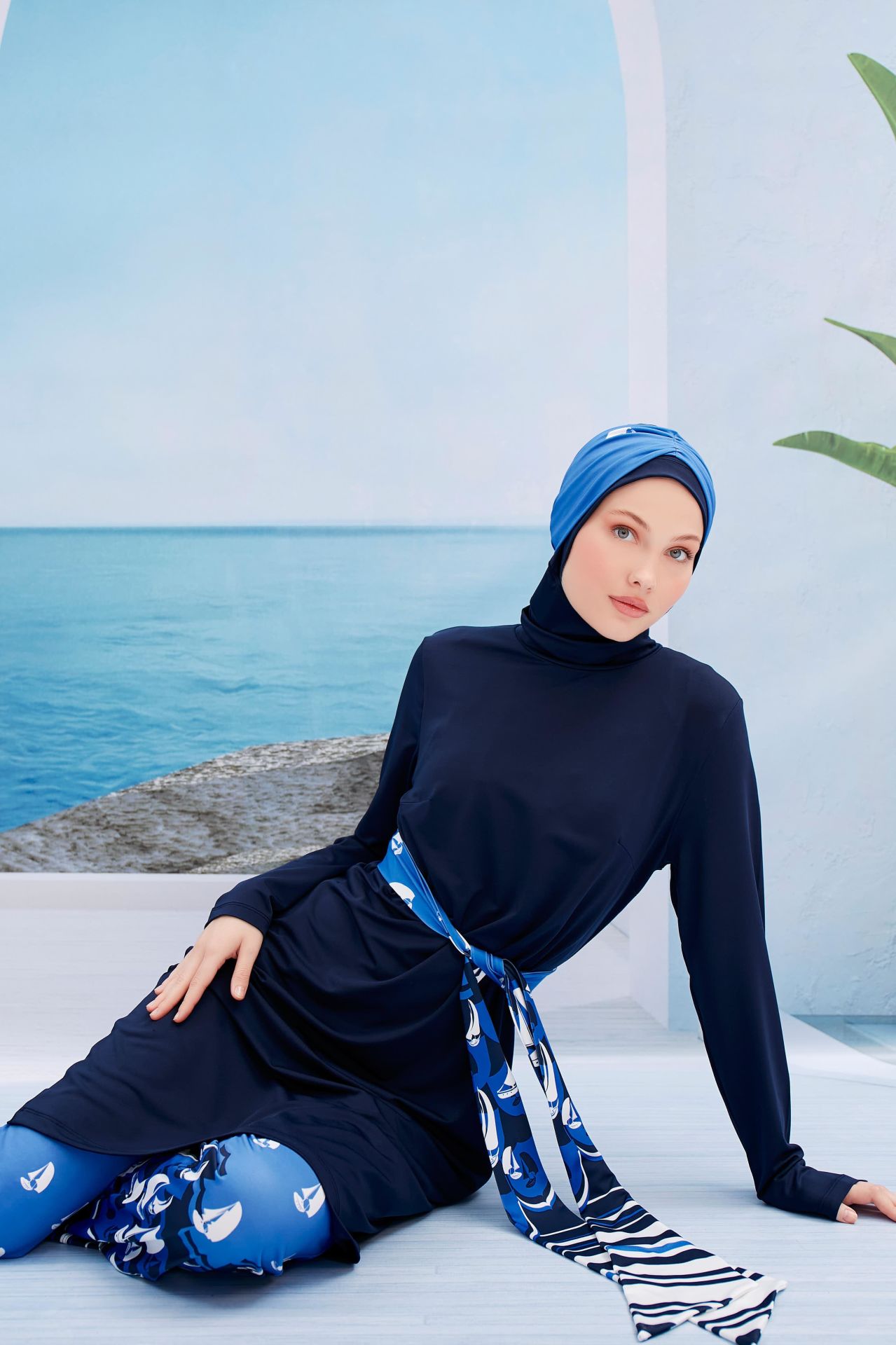 Yelkenli Desen Tesettür Mayo - Lacivert