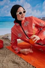 Tüy Efektli Tesettür Mayo - Turuncu/Siyah