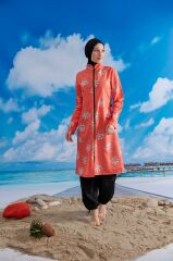 Tüy Efektli Tesettür Mayo - Turuncu/Siyah