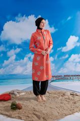 Tüy Efektli Tesettür Mayo - Turuncu/Siyah