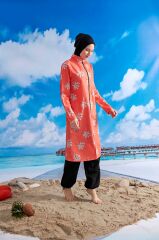 Tüy Efektli Tesettür Mayo - Turuncu/Siyah