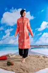 Tüy Efektli Tesettür Mayo - Turuncu/Siyah