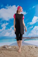 Fuşya Kol, Yarım Kapalı Mayo - Siyah/Fuşya