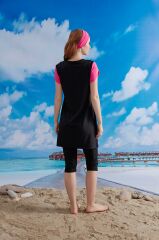 Fuşya Kol, Yarım Kapalı Mayo - Siyah/Fuşya