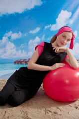 Fuşya Kol, Yarım Kapalı Mayo - Siyah/Fuşya