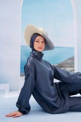 Omuzu Fermuarlı Tesettür Mayo - Antrasit/Fuşya