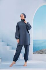 Omuzu Fermuarlı Tesettür Mayo - Antrasit/Fuşya